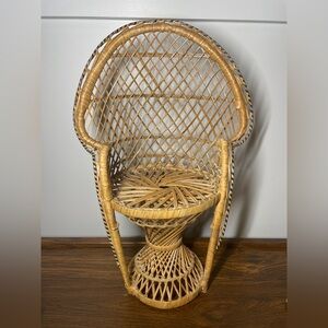 Vintage Mini Peacock Wicker Rattan Chair 16” Doll Plant Stand Boho Decor